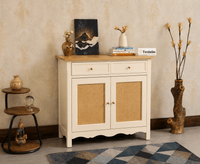 Maison Wooden Cane Premium Sideboard – 2 Drawer Storage Cabinet with Doors Frosty White