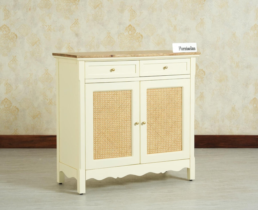 Maison Wooden Cane Premium Sideboard –  2 Drawer Storage Cabinet with Doors Frosty White