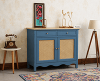 Maison Wooden Cane Premium Sideboard – 2 Drawer Storage Cabinet with Doors China Blue