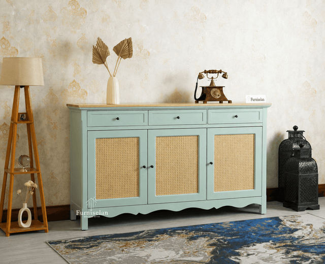 Maison Wooden Cane Premium Sideboard – Large 3 Drawer Storage Cabinet with Doors Silt Green