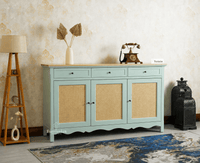Maison Wooden Cane Premium Sideboard – Large 3 Drawer Storage Cabinet with Doors Silt Green