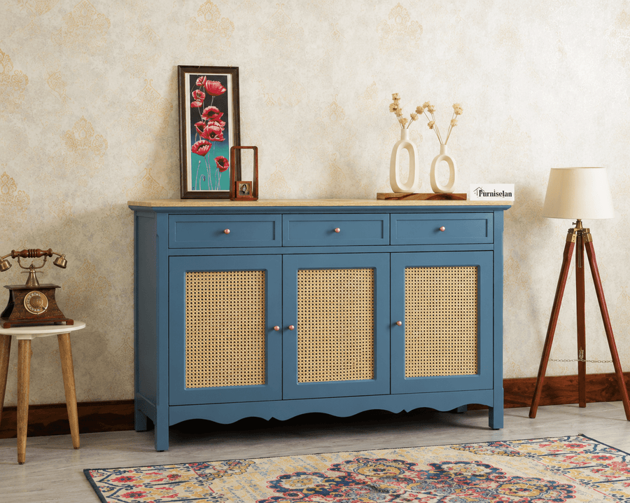 Maison Wooden Cane Premium Sideboard – Large 3 Drawer Storage Cabinet with Doors China Blue
