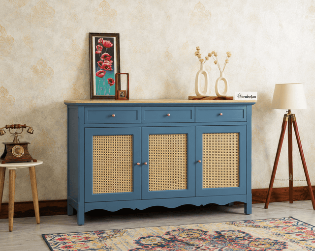 Maison Wooden Cane Premium Sideboard – Large 3 Drawer Storage Cabinet with Doors China Blue
