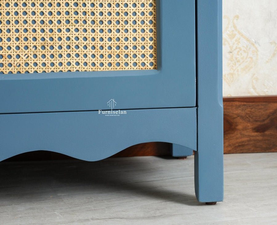 Maison Wooden Cane Premium Sideboard – 2 Drawer Storage Cabinet with Doors China Blue