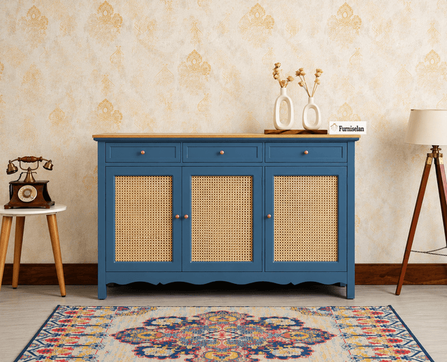 Maison Wooden Cane Premium Sideboard – Large 3 Drawer Storage Cabinet with Doors China Blue