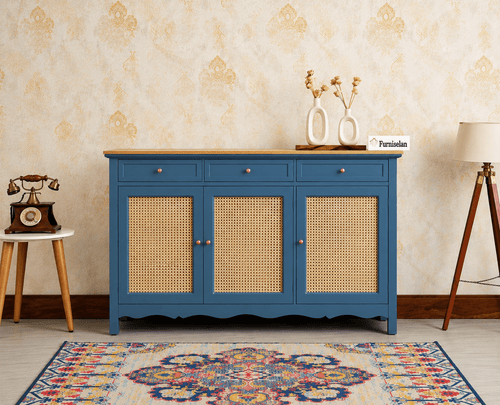 Maison Wooden Cane Premium Sideboard – Large 3 Drawer Storage Cabinet with Doors