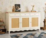 Maison Wooden Cane Premium Sideboard – Large 3 Drawer Storage Cabinet with Doors Frosty White
