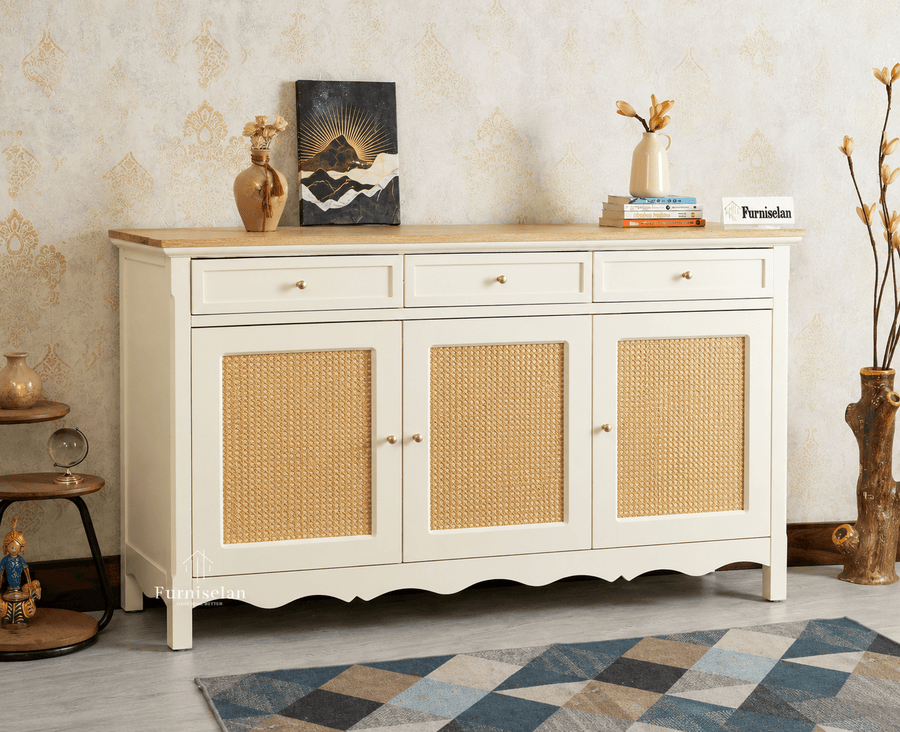 Maison Wooden Cane Premium Sideboard – Large 3 Drawer Storage Cabinet with Doors Frosty White