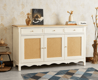 Maison Wooden Cane Premium Sideboard – Large 3 Drawer Storage Cabinet with Doors Frosty White