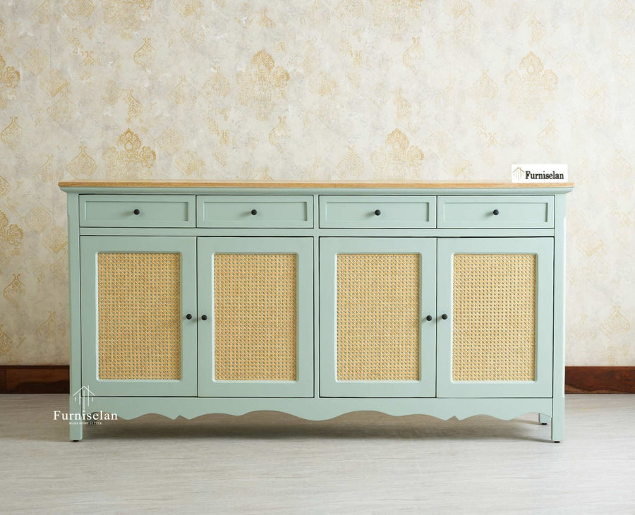 Maison Wooden Cane Premium Sideboard – Large 4 Drawer Storage Cabinet with Doors Furniselan Silt Green