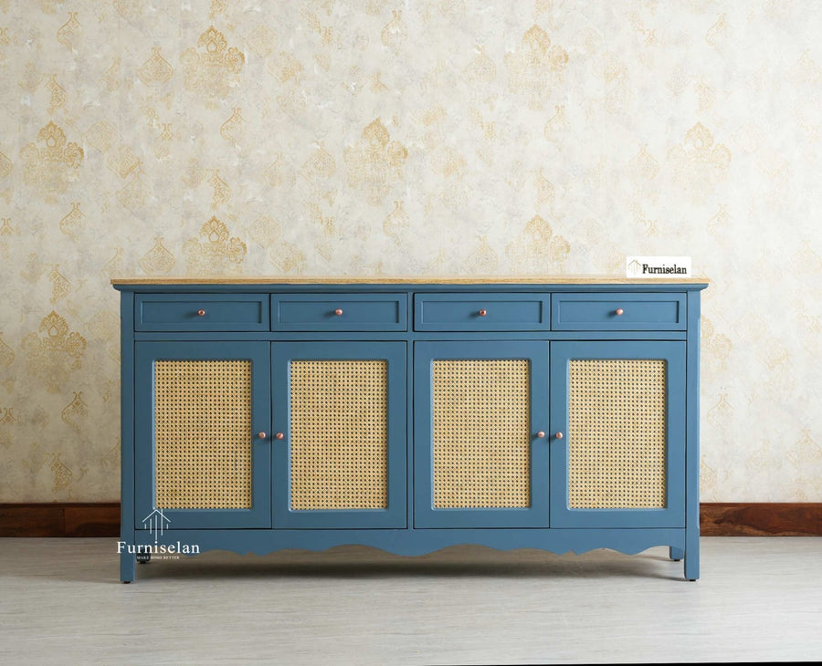 Maison Wooden Cane Premium Sideboard – Large 4 Drawer Storage Cabinet with Doors Furniselan China Blue