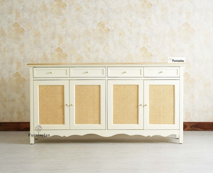 Maison Wooden Cane Premium Sideboard – Large 4 Drawer Storage Cabinet with Doors Furniselan Frosty White