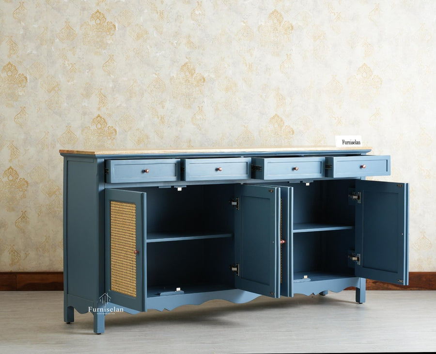 Maison Wooden Cane Premium Sideboard – Large 4 Drawer Storage Cabinet with Doors Furniselan China Blue