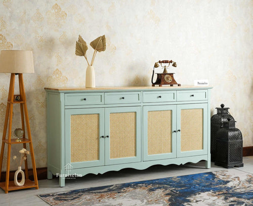 Maison Wooden Cane Premium Sideboard – Large 4 Drawer Storage Cabinet with Doors Furniselan Silt Green
