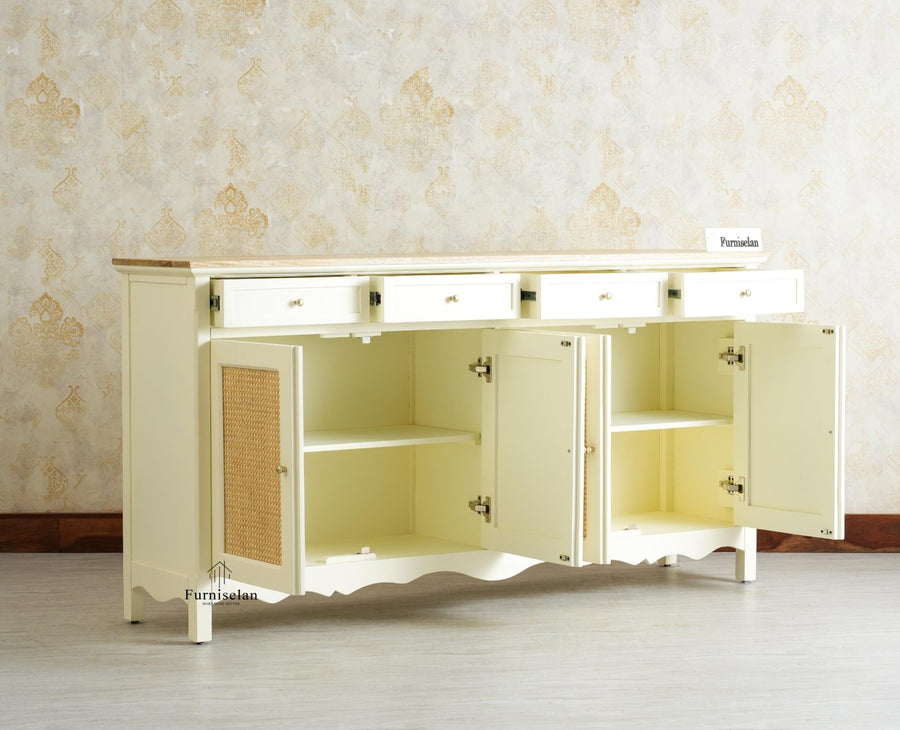 Maison Wooden Cane Premium Sideboard – Large 4 Drawer Storage Cabinet with Doors Furniselan Frosty White