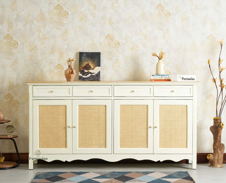 Maison Wooden Cane Premium Sideboard – Large 4 Drawer Storage Cabinet with Doors Furniselan Frosty White