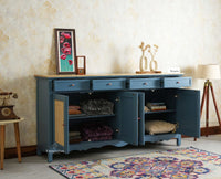 Maison Wooden Cane Premium Sideboard – Large 4 Drawer Storage Cabinet with Doors Furniselan China Blue