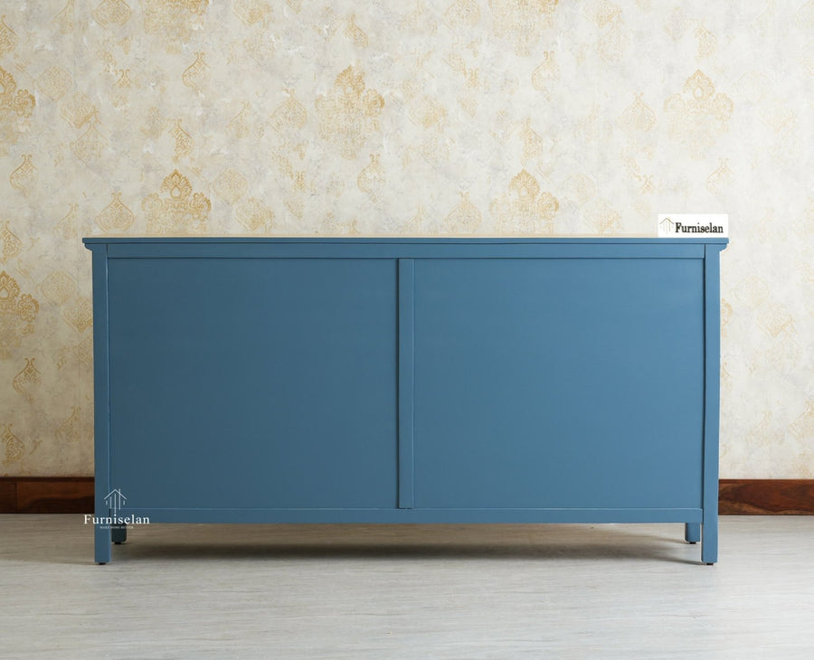 Maison Wooden Cane Premium Sideboard – Large 4 Drawer Storage Cabinet with Doors Furniselan China Blue