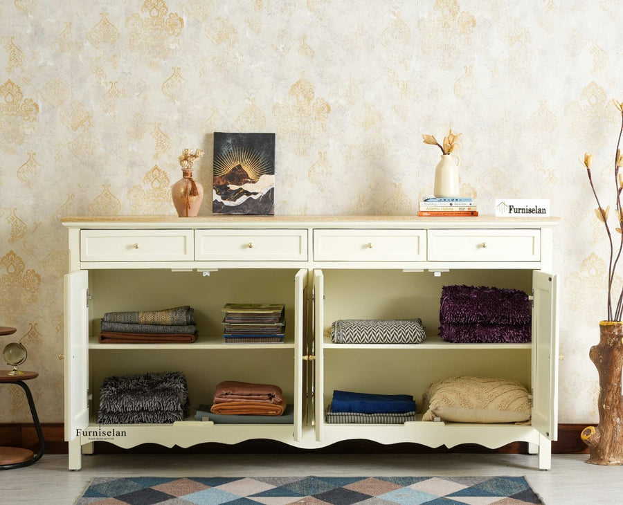 Maison Wooden Cane Premium Sideboard – Large 4 Drawer Storage Cabinet with Doors Furniselan Frosty White