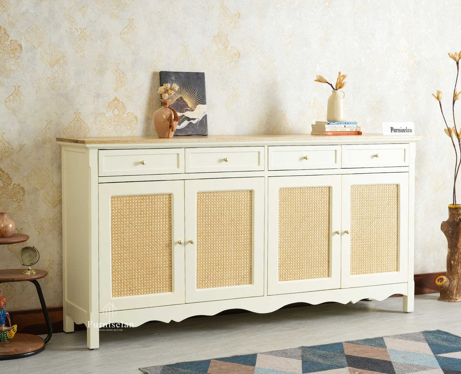 Maison Wooden Cane Premium Sideboard – Large 4 Drawer Storage Cabinet with Doors Furniselan Frosty White