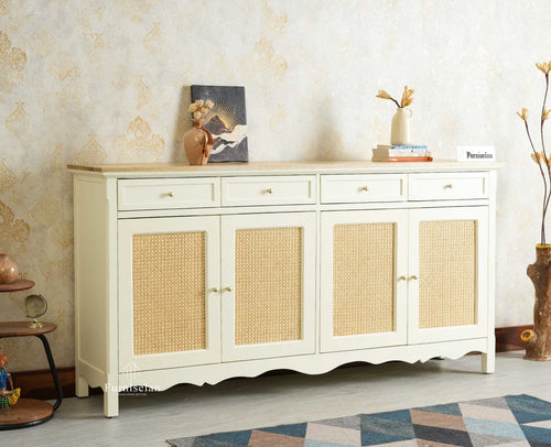 Maison Wooden Cane Premium Sideboard – Large 4 Drawer Storage Cabinet with Doors Furniselan Frosty White