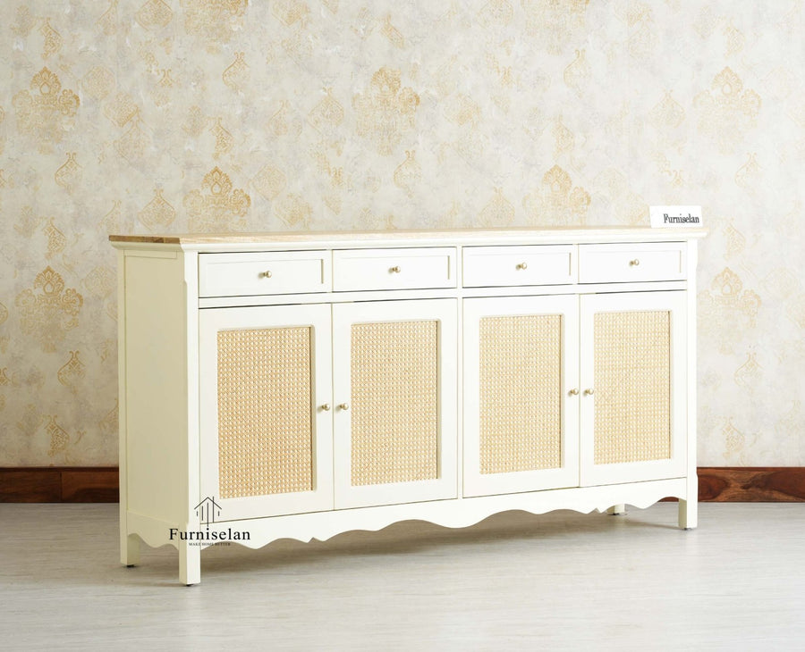 Maison Wooden Cane Premium Sideboard – Large 4 Drawer Storage Cabinet with Doors Furniselan Frosty White