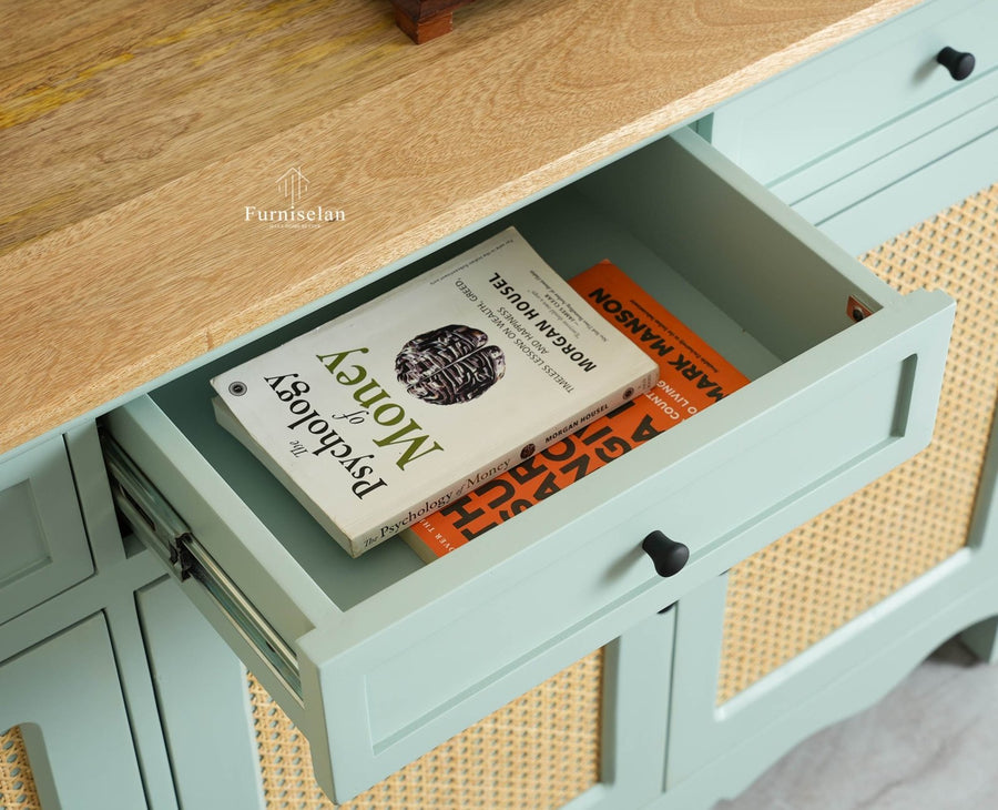 Maison Wooden Cane Premium Sideboard – Large 4 Drawer Storage Cabinet with Doors Furniselan Silt Green