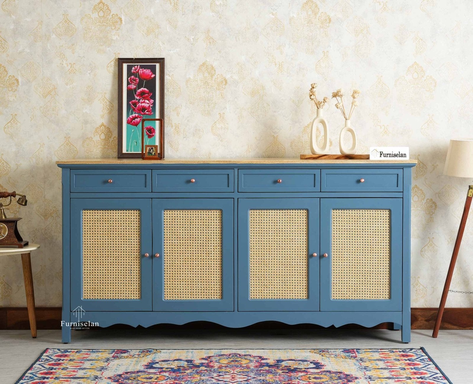 Maison Wooden Cane Premium Sideboard – Large 4 Drawer Storage Cabinet with Doors Furniselan China Blue