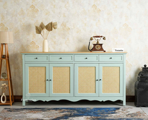 Maison Wooden Cane Premium Sideboard – Large 4 Drawer Storage Cabinet with Doors Furniselan Silt Green