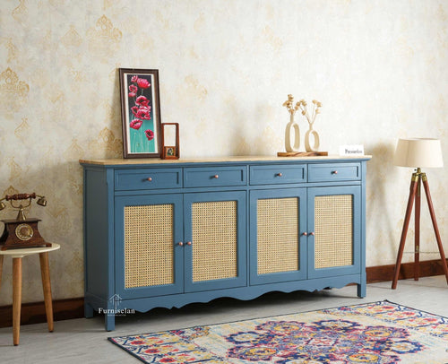 Maison Wooden Cane Premium Sideboard – Large 4 Drawer Storage Cabinet with Doors Furniselan China Blue
