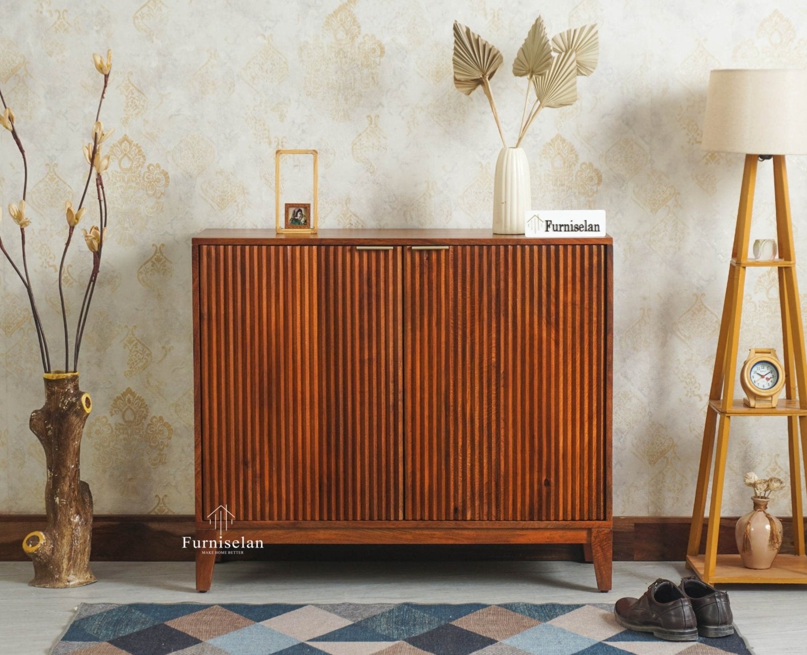 Manhattan Solid Wood Shoe Rack Two Door Furniselan Brown Finish