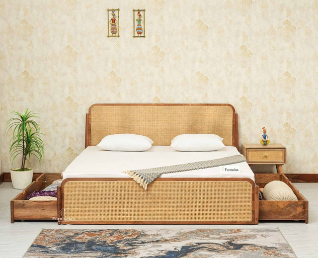Maui Solid Mango Wood King Size Bed with Storage Trolly Natural Oak