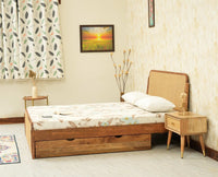 Maui Solid Mango Wood Queen Size Bed with Storage Trolly Natural Oak