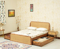 Maui Solid Mango Wood Queen Size Bed with Storage Trolly Natural Oak