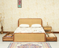 Maui Solid Mango Wood Queen Size Bed with Storage Trolly Natural Oak