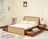Maui Solid Mango Wood Queen Size Bed with Storage Trolly Brown Finish