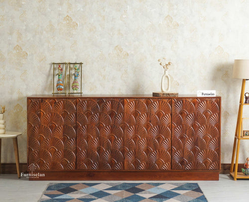 Mayur Wooden Large Sideboard Cabinet-Four Door Furniselan Brown Finish