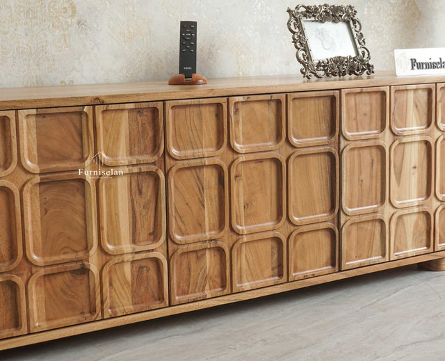 Melbourne Block Wooden Four Door TV Console Cabinet Unit Furniselan Natural Finish