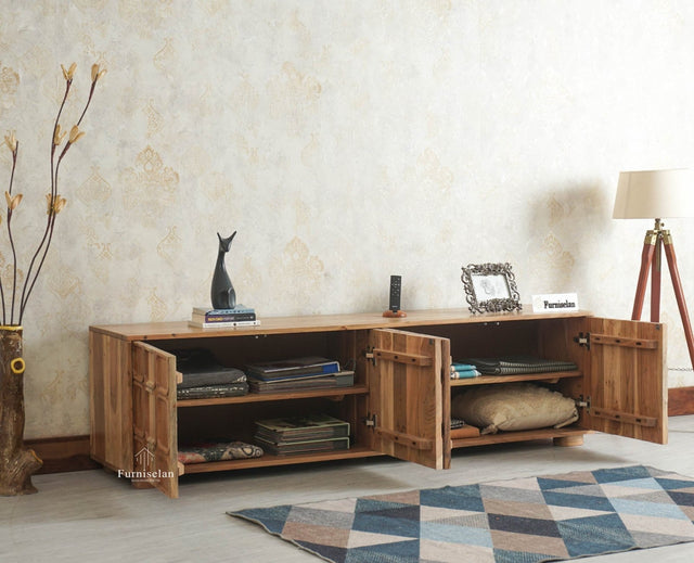 Melbourne Block Wooden Four Door TV Console Cabinet Unit Furniselan Natural Finish