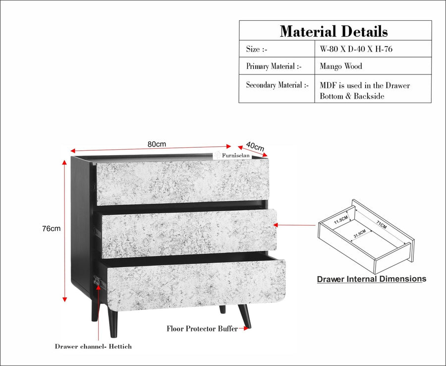 Mexico Solid Wood Three Drawers Storage Chest of Drawer - Furniselan - Black Finish
