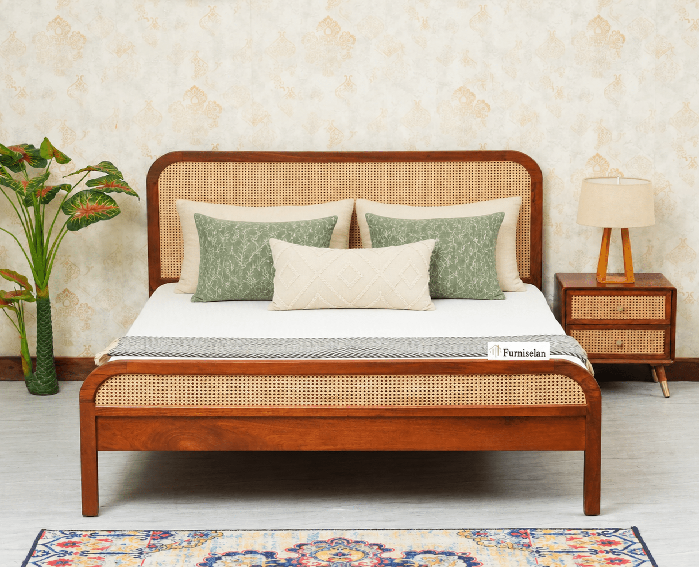 Milano Rattan Headboard Wooden King Size Bed Brown Finish