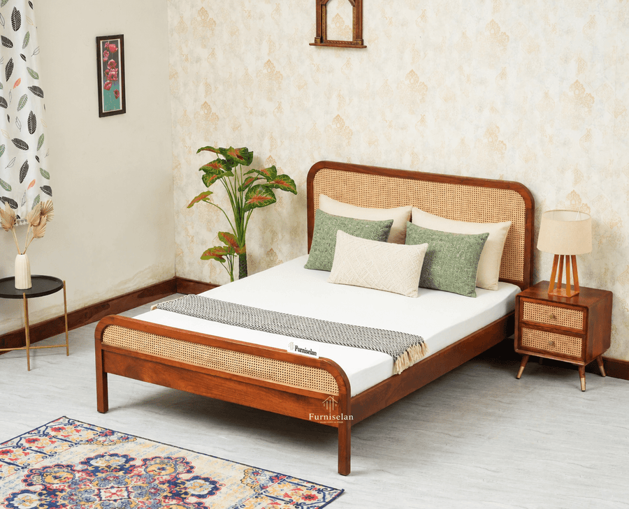 Milano Rattan Headboard Wooden Queen Size Bed Brown Finish