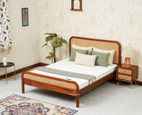 Milano Rattan Headboard Wooden Queen Size Bed Brown Finish