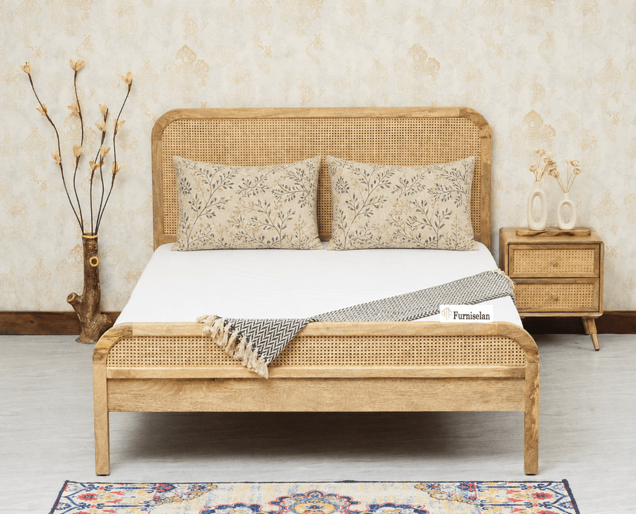 Milano Rattan Headboard Wooden Queen Size Bed Natural Finish