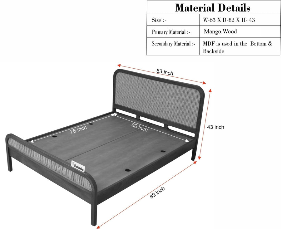 Milano Rattan Headboard Wooden Queen Size Bed Grey Finish