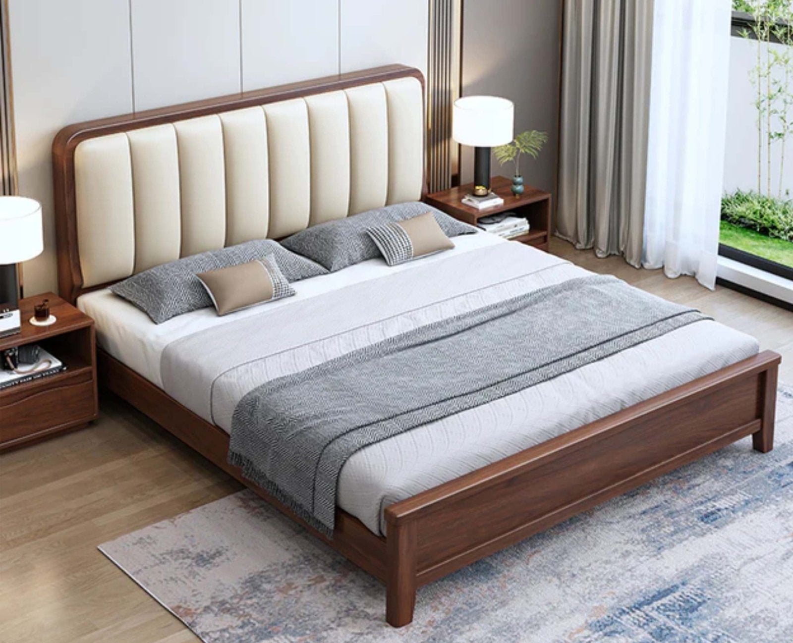 Milano upholstered headboard Wooden Queen  Size Bed Furniselan  Teak Finish