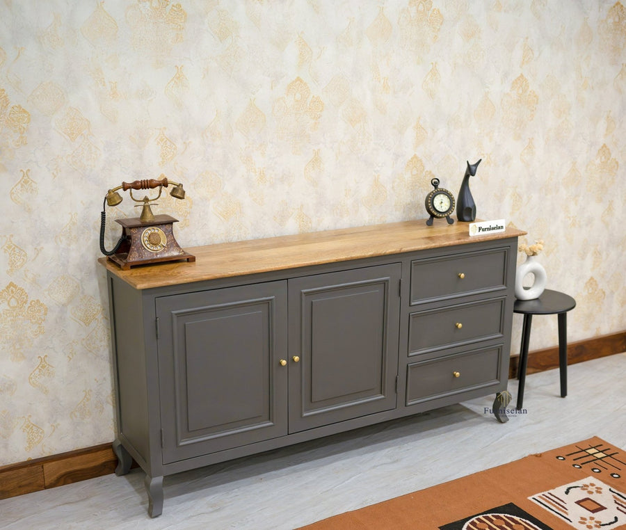 Mumbai Sideboard Cabinet Solid Wood - Three Drawers & Two Doors - Sideboard - Furniselan - Slate-Grey