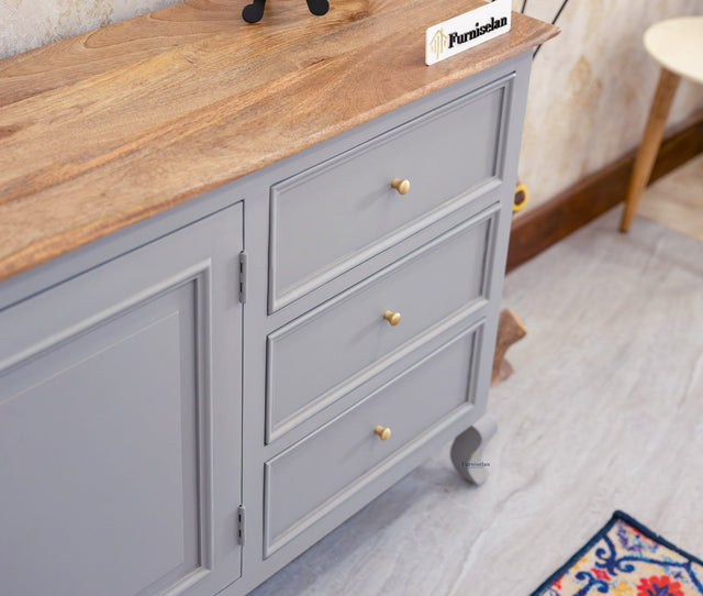 Mumbai Sideboard Cabinet Solid Wood - Three Drawers & Two Doors - Sideboard - Furniselan - Cool Grey