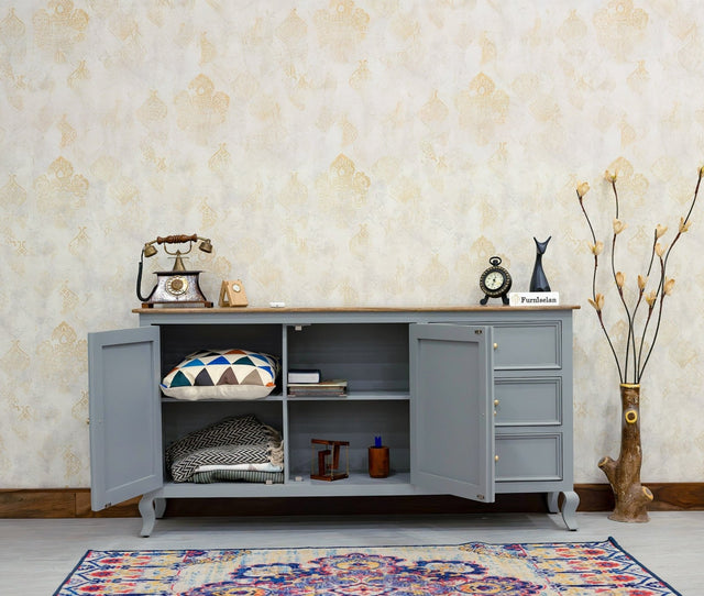 Mumbai Sideboard Cabinet Solid Wood - Three Drawers & Two Doors - Sideboard - Furniselan - Cool-Grey