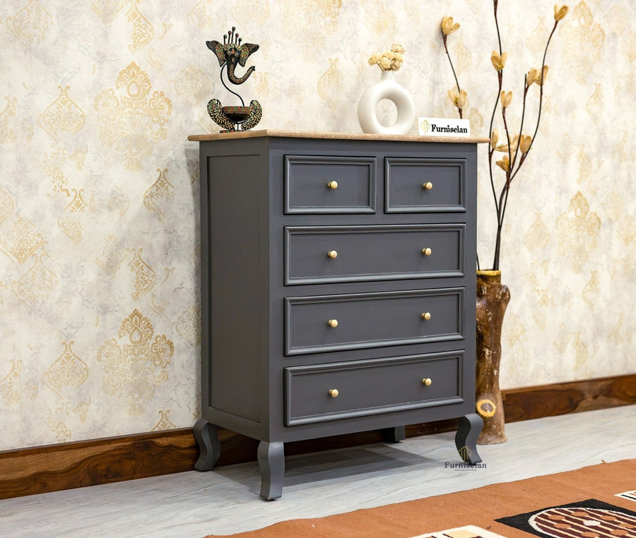 Mumbai Solid Wood Chest of Drawer Storage Five Drawers - Sideboard - Furniselan-Slate-Grey